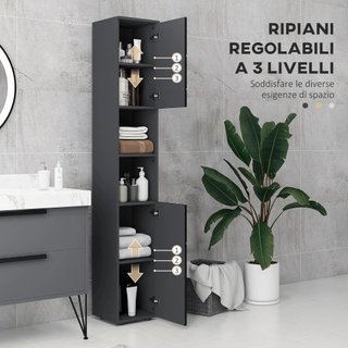 Columna de Baño de Aglomerado con 2 Estantes Abiertos y 2 Armarios de 2 Niveles Regulables, 30x30x183 cm, Negro y Gris Oscuro