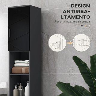 Columna de Baño de Aglomerado con 2 Estantes Abiertos y 2 Armarios de 2 Niveles Regulables, 30x30x183 cm, Negro y Gris Oscuro
