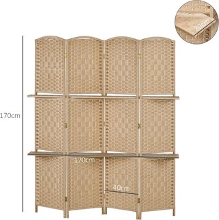 Biombo Interior de 4 Paneles Plegable, 160X170 Cm Separador de Ambientes Interior Autoportante con Estantes de Papel y Madera de Pino para Casa, Sala de Estar y Oficina, Color Natural