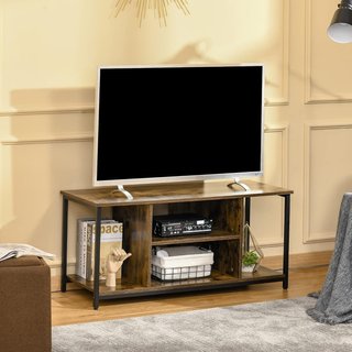 Mueble TV Moderno, Hasta 55'' Con Estantes Abiertos, Mueble De Salón Moderno, Bajo, Elegante, Estilo Industrial, Madera Y Acero, 110L X 40P X 50Acm, Marrón Rústico