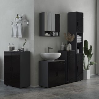Mueble de Baño Ahorra Espacio de Madera con 2 Puertas, Armario de Baño con Cierre Soft Close y 3 Estantes, 60X30X82Cm, Negro Brillante