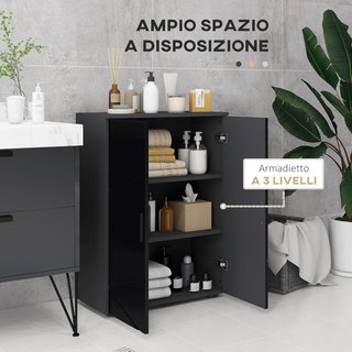 Mueble de Baño Ahorra Espacio de Madera con 2 Puertas, Armario de Baño con Cierre Soft Close y 3 Estantes, 60X30X82Cm, Negro Brillante