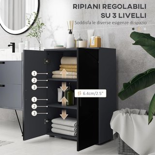 Mueble de Baño Ahorra Espacio de Madera con 2 Puertas, Armario de Baño con Cierre Soft Close y 3 Estantes, 60X30X82Cm, Negro Brillante