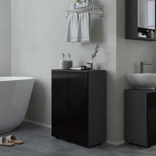 Mueble de Baño Ahorra Espacio de Madera con 2 Puertas, Armario de Baño con Cierre Soft Close y 3 Estantes, 60X30X82Cm, Negro Brillante