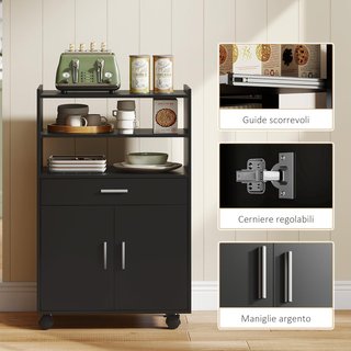 Carro Microondas Con Ruedas, Credenza de Cocina Con Cajón, Superficie para Electrodomésticos, Armario de 2 Puertas, Estante Extraíble y Estante Abierto, Carrito de Cocina para Sala de Estar, 59X40...