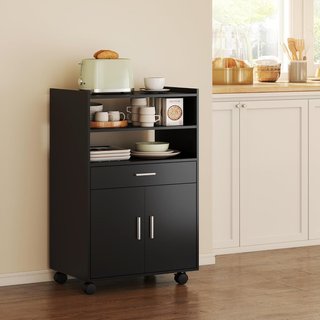 Carro Microondas Con Ruedas, Credenza de Cocina Con Cajón, Superficie para Electrodomésticos, Armario de 2 Puertas, Estante Extraíble y Estante Abierto, Carrito de Cocina para Sala de Estar, 59X40...