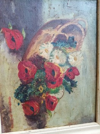 Cuadro flores sobre tabla firmado