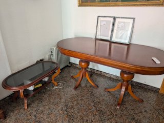 Conjunto mesas madera y cristal