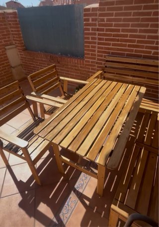 Conjunto de jardín madera mesa+banco+sillas+banca