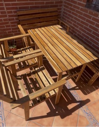 Conjunto de jardín madera mesa+banco+sillas+banca