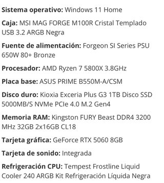 PC sobremesa + teclado + raton