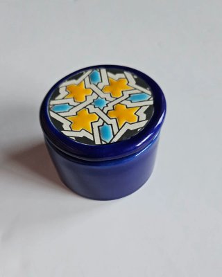Joyero o caja de cerámica azul motivos geométricos