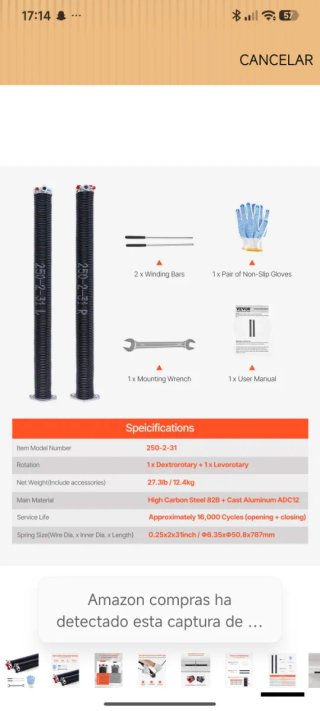 Resortes muelles para puerta de garaje 787mm