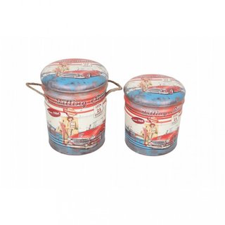 Set 2 Pouf Contenitore Metallo Coperchio Imbottito