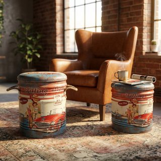 Set 2 Pouf Contenitore Metallo Coperchio Imbottito