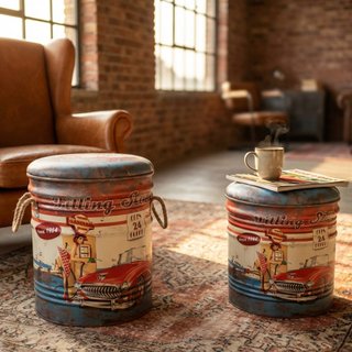 Set 2 Pouf Contenitore Metallo Coperchio Imbottito