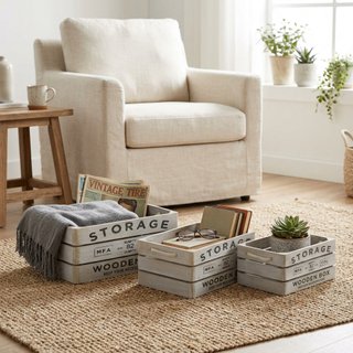 Set 3 Cassette Decorative in legno Manici in Corda