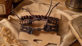 Lote 3 pulseras hombre cuero y cuentas