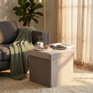 Pouf Contenitore Cubo in Velluto Grigio 38x38x38cm