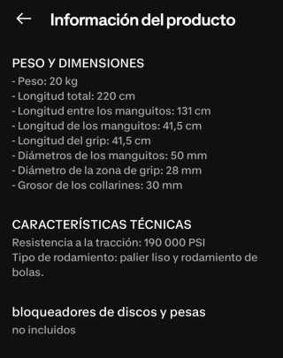 Barra Olímpica 20kg 220cm Diámetro 50mm