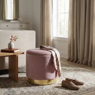 Pouf Contenitore Rotondo Velluto Rosa Base Dorata