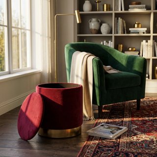 Pouf Contenitore in Velluto Bordeaux Base Dorata