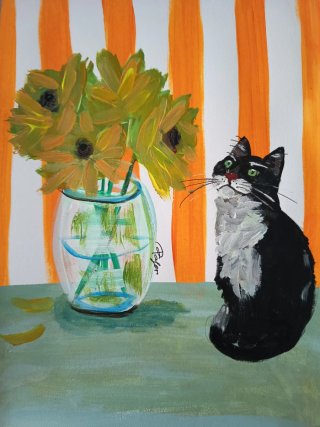 Lámina pintada gato y flores
