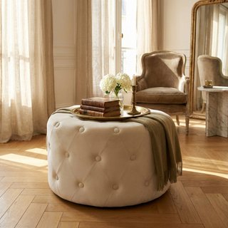 Pouf Rotondo Capitonné in Velluto Beige 68x43x68cm