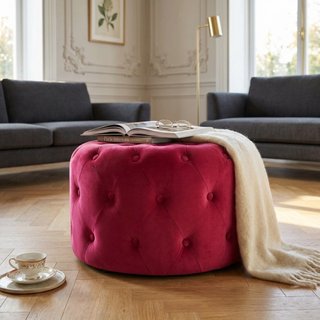 Pouf Rotondo Capitonné in Velluto Bordeaux 68x43cm
