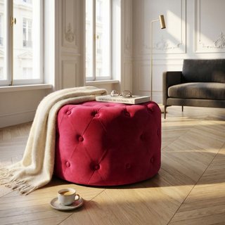 Pouf Rotondo Capitonné in Velluto Bordeaux 68x43cm