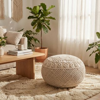 Pouf Rotondo in Cotone Macramè Bianco 40x40x40cm