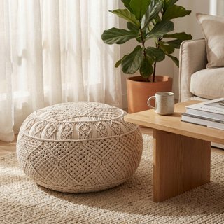 Pouf Rotondo in Cotone Macramè Bianco 40x40x40cm