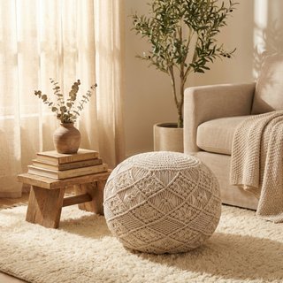 Pouf Rotondo in Cotone Macramè Intrecciato 40x38cm