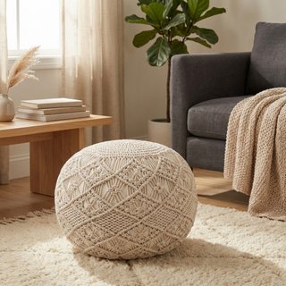 Pouf Rotondo in Cotone Macramè Intrecciato 40x38cm