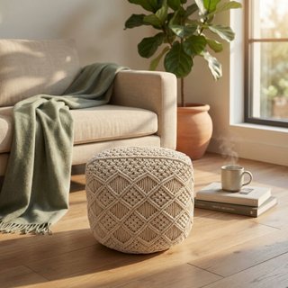Pouf in Cotone Intrecciato Macramè Bianco 45x45cm