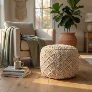 Pouf in Cotone Intrecciato Macramè Bianco 45x45cm