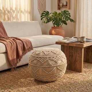 Pouf Poggiapiedi in Cotone Macramè Intrecciato