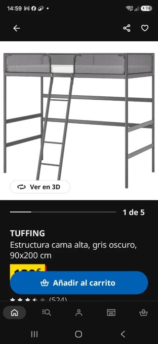 Estructura Cama Alta TUFFING Gris Oscuro 90x200