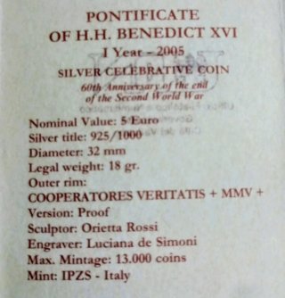 Moneda Vaticano 5 Euros Plata Aniversario WWII