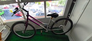 Bicicleta montaña plateada y morada