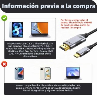 Cable USB-C a HDMI 4K 60Hz 2M Chapado en Oro