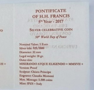 Moneda Vaticano 5 Euro Plata 2017 Gedenktag