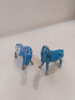 Pareja Figuras Caballos Azules Cerámica