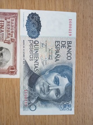 Billetes antiguos: 1 peseta y 500 pesetas