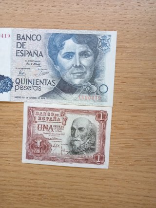 Billetes antiguos: 1 peseta y 500 pesetas