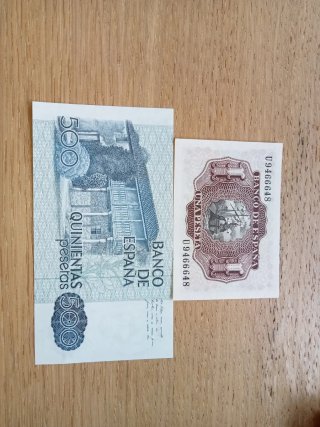 Billetes antiguos: 1 peseta y 500 pesetas
