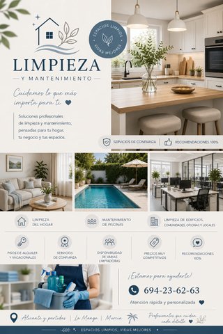 Lipieza del hogar, oficina, locales.