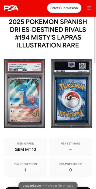 Pokémon TCG 2025 Misty's Lapras #194 PSA10 ÚNICO
