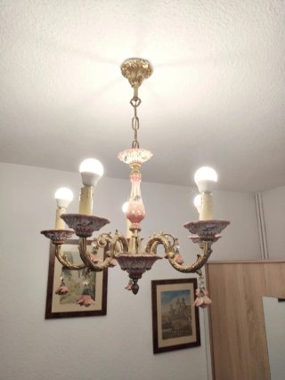 Lámpara de techo porcelana rosa y oro