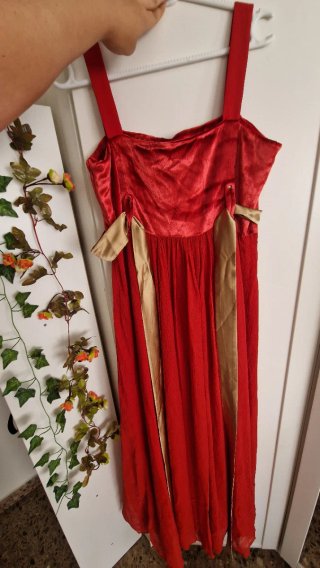Vestido largo rojo y dorado con bordado